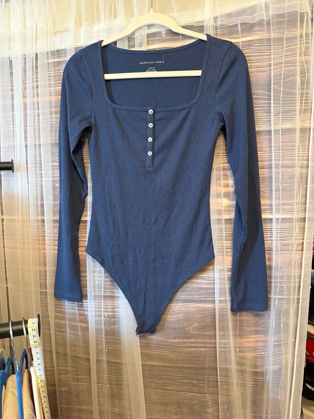 American Eagle Navy Blue Ribbed Long Sleeve Henley Bodysuit